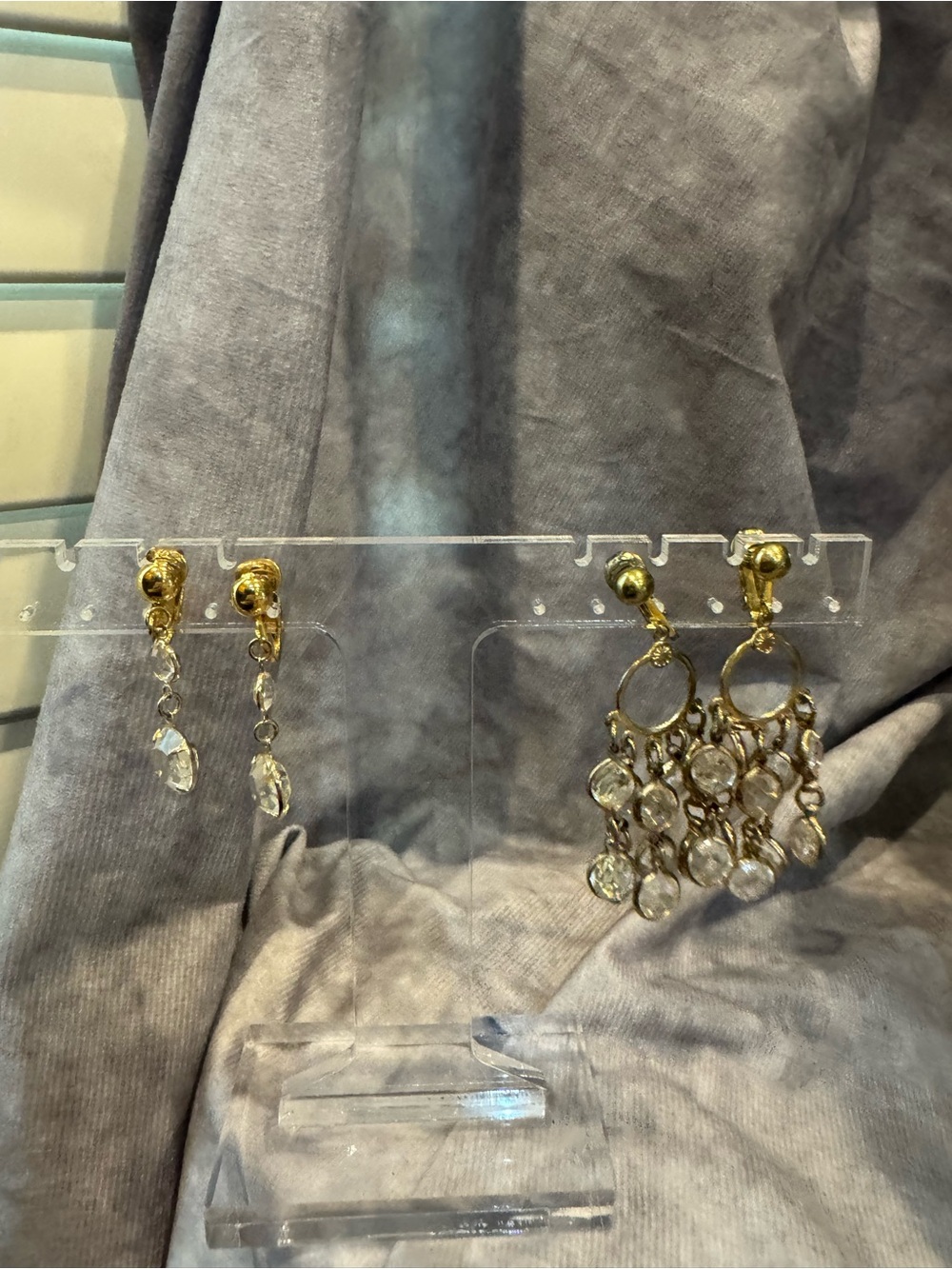 Bezel Set Gold-Tone Crystal Dangle Earrings - Elegant Clear Gem Drops Clip lot